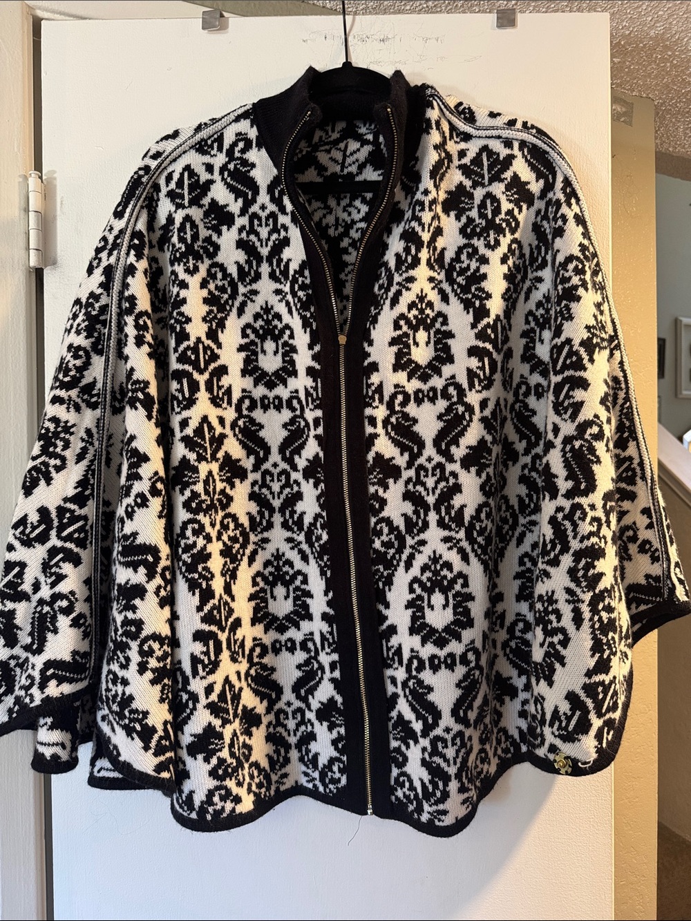 Anne Klein Black and White Jacquard Zip Poncho